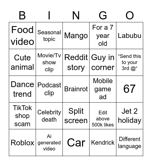 TikTok bingo Card