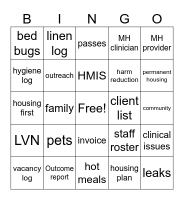 Interim Housing Bingo Card
