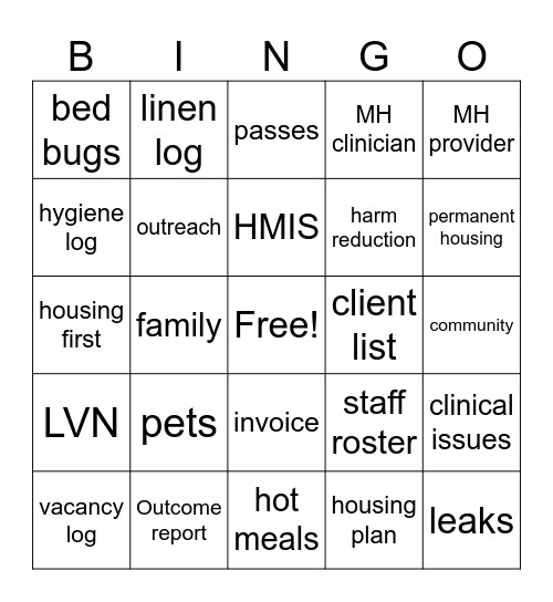 Interim Housing Bingo Card