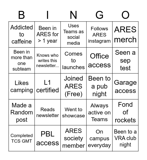 ARES Bingo Card