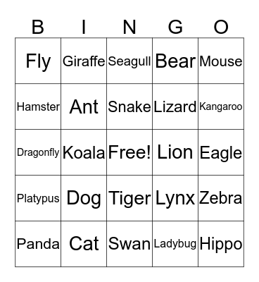 Animals Bingo Card