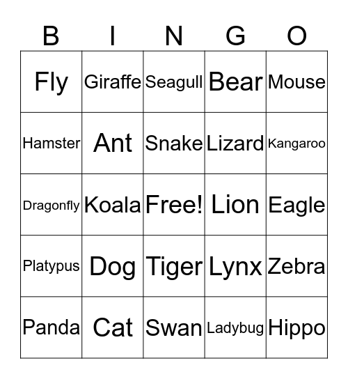 Animals Bingo Card