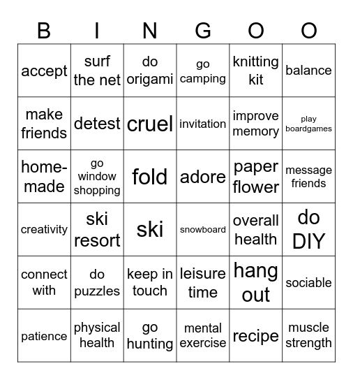 LEISURE TIME Bingo Card