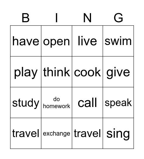 Common Verbs - A1 ESL Bingo Card