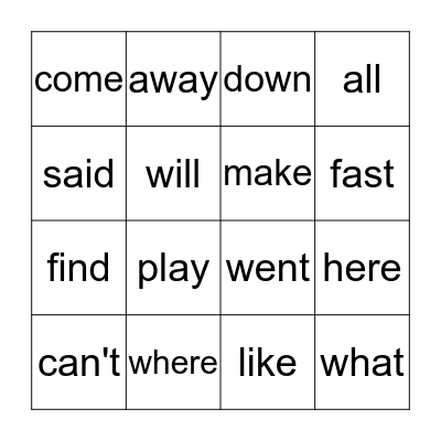 Sight Words Bingo Card