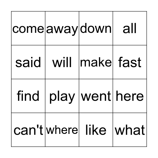 Sight Words Bingo Card