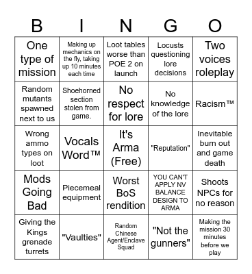 Vocals Fallout Arma Bingo Card
