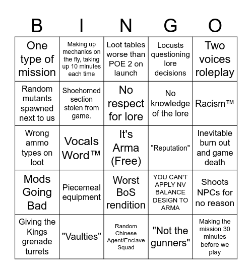 Vocals Fallout Arma Bingo Card