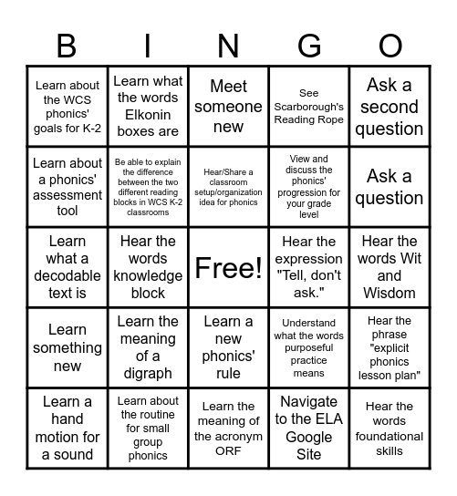 ELA K-2 New Teacher Bingo Card