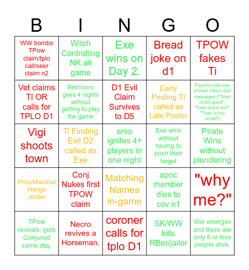 Town of Salem 2 Bingo Board Bingo Card