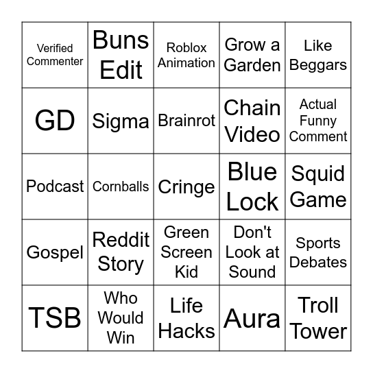 Youtube Shorts Bingo Card