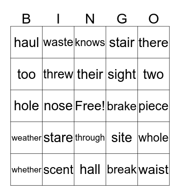 Homophones Bingo Card