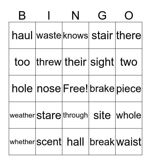 Homophones Bingo Card