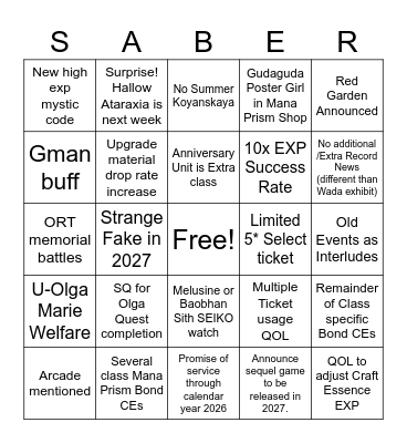 FGO 10th Anniversary Bingo Card