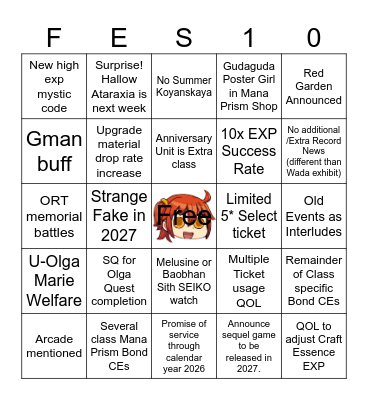 FGO 10th Anniversary Bingo Card