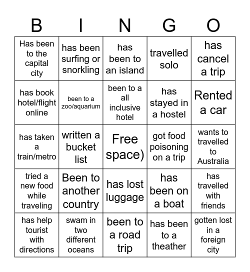 Travel Bingo! Bingo Card