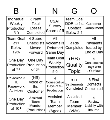 One Team BINGO Card