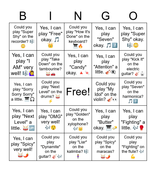 B5 L17 Could you play "Dynamite" on the guitar? 🎸🎶 Bingo Card