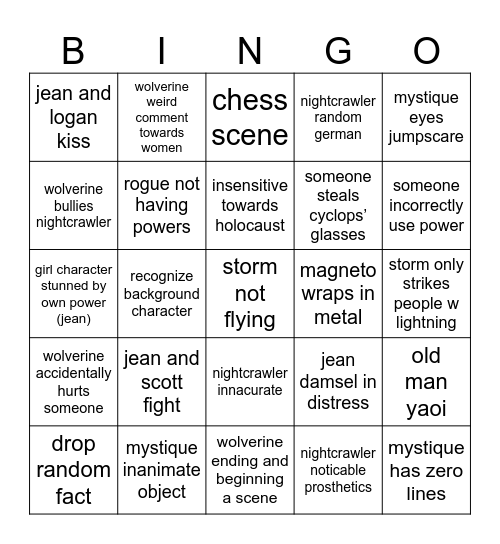 x men 2 Bingo Card