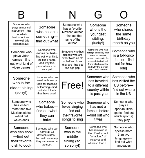 Nice to Meet You Bingo Card