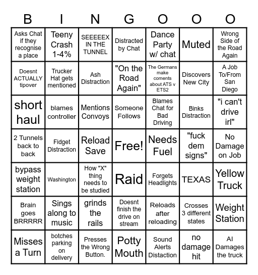 American Truck Bingo Card