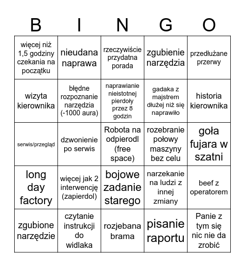Utrzymanie ruchu Bingo Card
