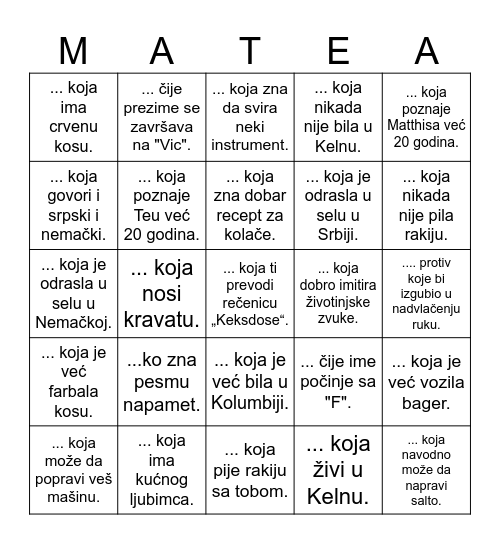 Mateas Wedding Bingo Card