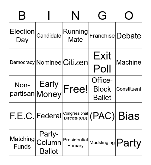 Presidential Election 2016 Bingo Card