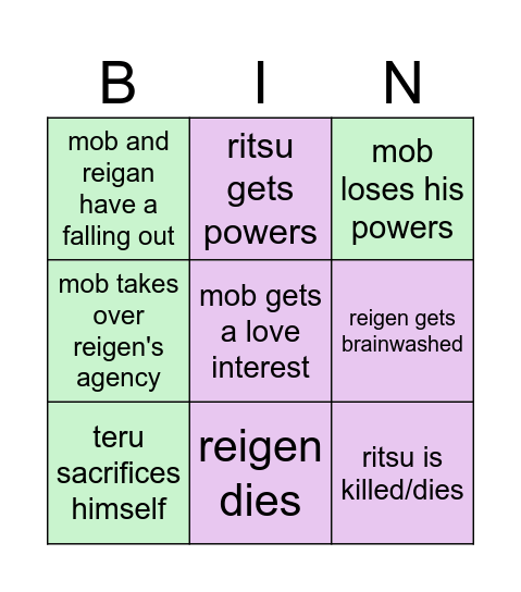 mob psycho 100 bingo Card