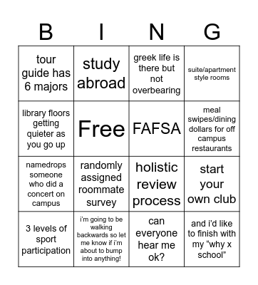 college tour bingo Card