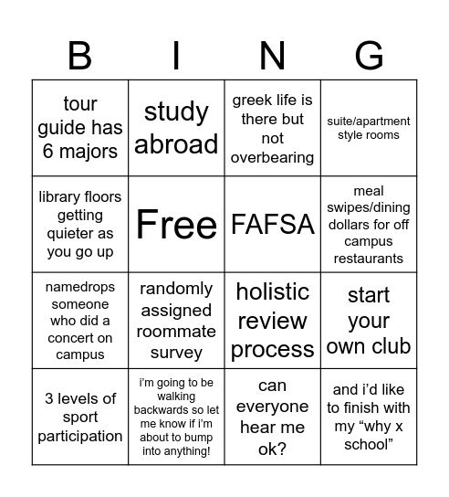 college tour bingo Card