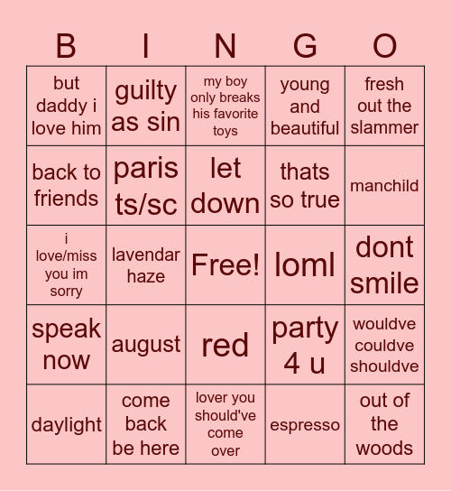 TSITP SONG BINGO!! Bingo Card