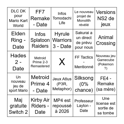 Nintendo Direct - Juillet 2025 Bingo Card