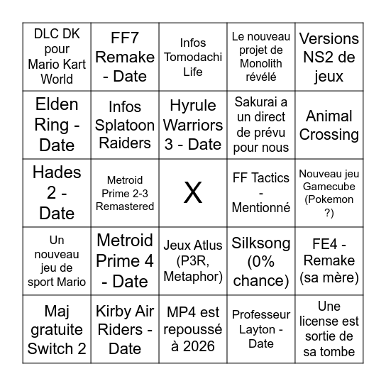 Nintendo Direct - Juillet 2025 Bingo Card