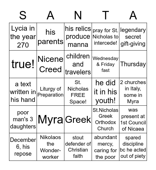 St. Nicholas Day! Bingo Card