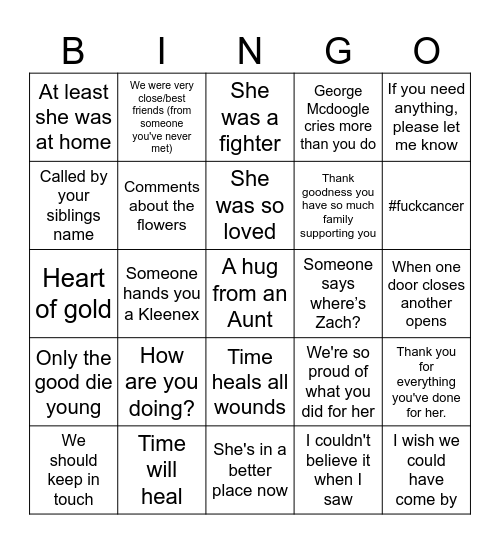 Funeral Bingo Card