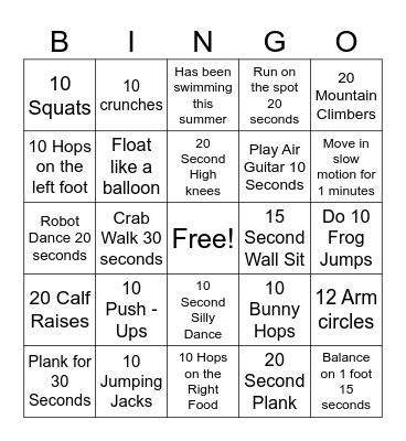 Action Bingo Card Bingo Card