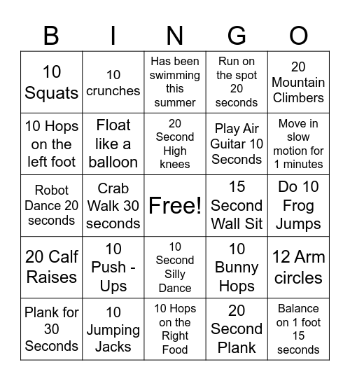 Action Bingo Card Bingo Card