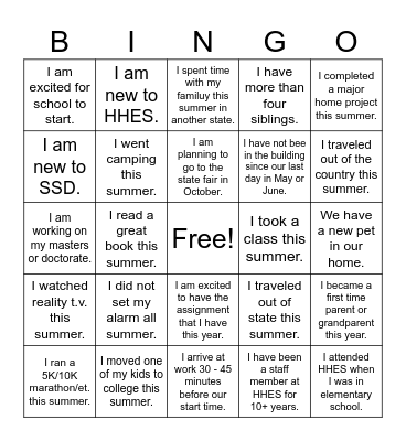 Student Support Services Back to School Bingo Card