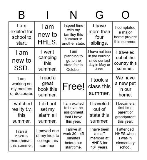 Student Support Services Back to School Bingo Card