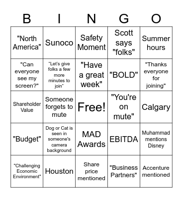North America Finance Townhall Bingo Card
