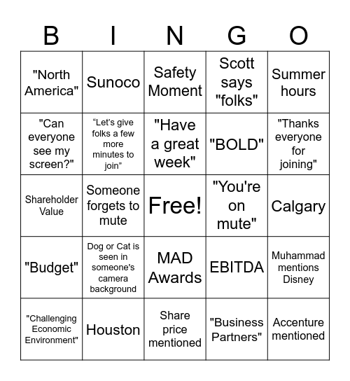 North America Finance Townhall Bingo Card