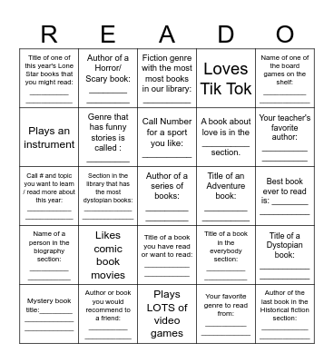 Middle School Bingo Card