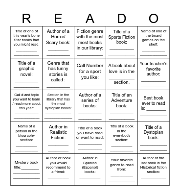 Middle School Bingo Card