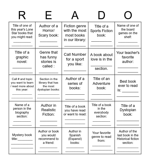 Middle School Bingo Card