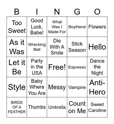 Musical Bingo Card