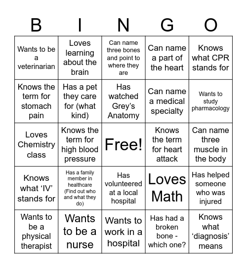 Back-to-School Medical Terminology BINGO Card