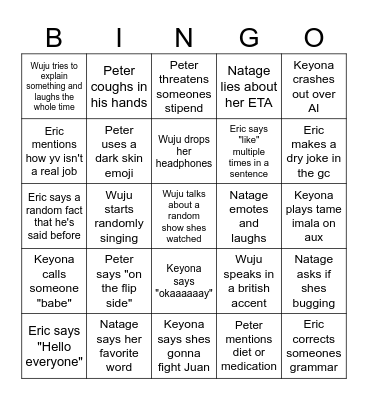 YV Staff Bingo Card