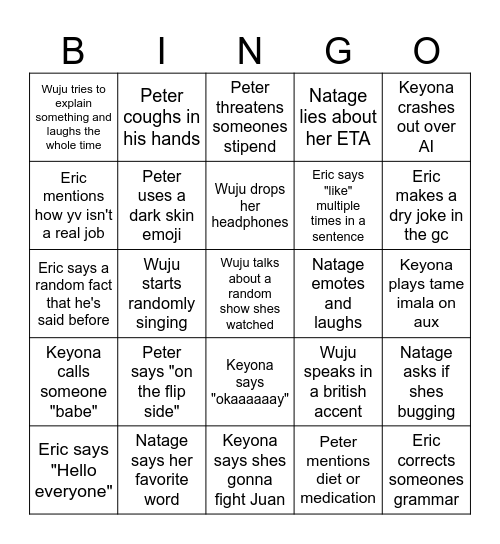 YV Staff Bingo Card
