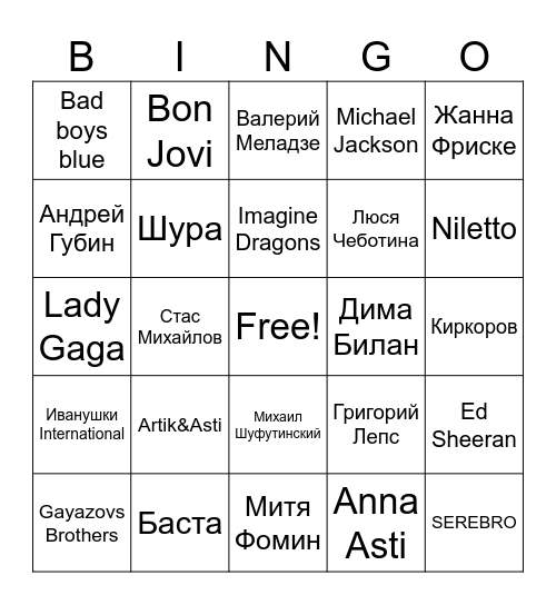 Музыкальное бинго Bingo Card